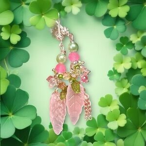 Elegant Pink and Green Beaded cluster Earrings leaves/leaf